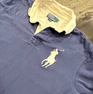 Vintage Polo Ralph Lauren Mens L Rugby Shirt Big Pony #3 Blue Cream Preppy Sport